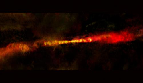 Astronomers using the Atacama Large Millimeter/sub-millimeter Array (ALMA) have imaged the episodic outflow of a young protostar known as CARMA-7. The twin jets — each nearly 1.5 trillion kilometers long — have distinct gaps, revealing that the star is growing by fits and starts. (Image courtesy of B. Saxton, NRAO/AUI/NSF; A Plunkett et al.; ALMA, NRAO/ESO/NAOJ) CARMA-7