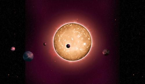 This image shows Kepler-444 and its five orbiting planets. (Courtesy of Peter Devine and Tiago Campante/University of Birmingham)