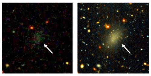The dark galaxy Dragonfly 44. The image on the left is from the Sloan Digital Sky Survey. Only a faint smudge is visible. The image on the right is a long exposure with the Gemini telescope, revealing a large, elongated object. Dragonfly 44 is very faint for its mass and consists almost entirely of dark matter. (Images by Pieter van Dokkum, Roberto Abraham, Gemini, Sloan Digital Sky Survey)