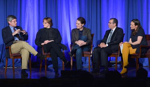 At the "Science Under Siege" symposium (from left) Carl Zimmer, Meg Urry, Dan Kahan, David Hafler, and Alison Snyder. (Photo by Michael Marsland)