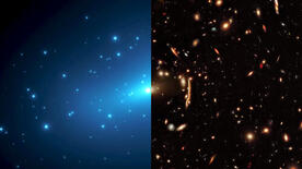 Hubble Space Telescope image of the massive galaxy cluster MACSJ1206 with the distortions produced by light bending and the dark matter map generated from these lensing effects (shown on the left in blue). Credit: NASA, ESA, G. Caminha (University of Groningen), M. Meneghetti (Observatory of Astrophysics and Space Science of Bologna), P. Natarajan (Yale University), the CLASH team, and M. Kornmesser (ESA/Hubble)