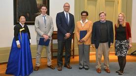 Pictured with Yale College Dean Jonathan Holloway (center) are prize-winning teachers (from left) Angela Lee-Smith, Andrew Johnston, Jacqueline Goldsby, Gilbert Joseph, and Frances Rosenbluth. The sixth winner, Nikhil Padmanabhan, was not able to attend the May 1 ceremony.