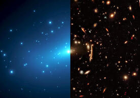 Hubble Space Telescope image of the massive galaxy cluster MACSJ1206 with the distortions produced by light bending and the dark matter map generated from these lensing effects (shown on the left in blue). Credit: NASA, ESA, G. Caminha (University of Groningen), M. Meneghetti (Observatory of Astrophysics and Space Science of Bologna), P. Natarajan (Yale University), the CLASH team, and M. Kornmesser (ESA/Hubble)